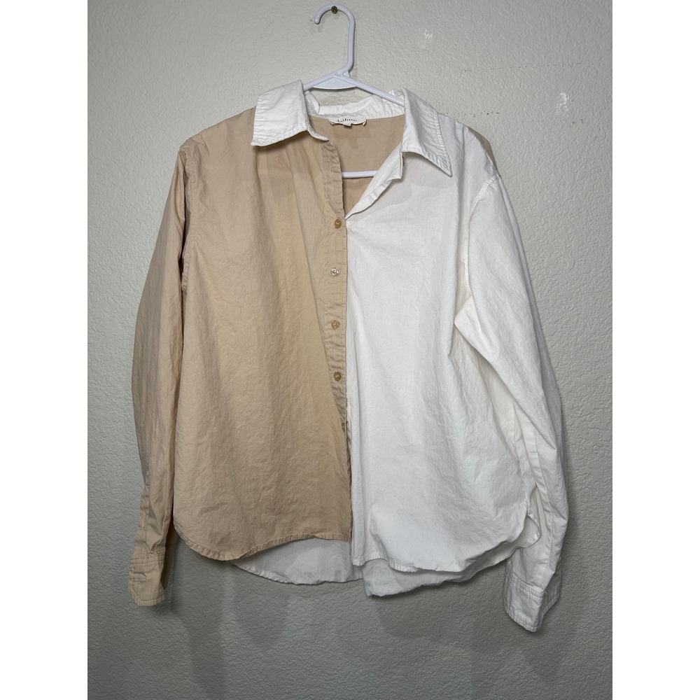 Bohme Tan White Colorblock Button Down Shirt Womens Medium Cotton Long Sleeve